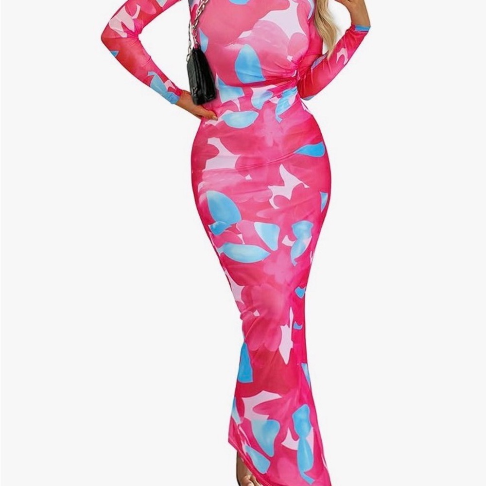 Pink & Blue Long Sleeve Bodycon Maxi Dress - Picture 2 of 9